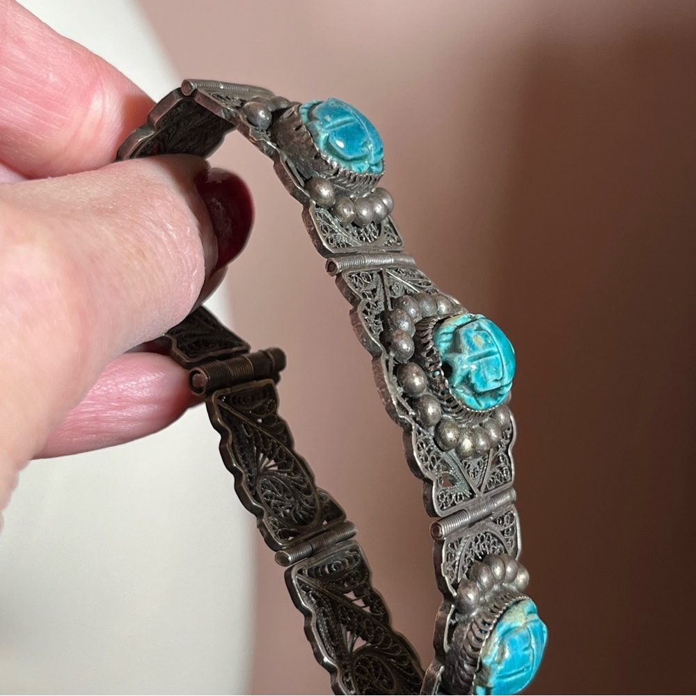Antique Art Deco Sterling Silver Egyptian turquoise Scarab Beetle wide Bracelet - Picture 17 of 17